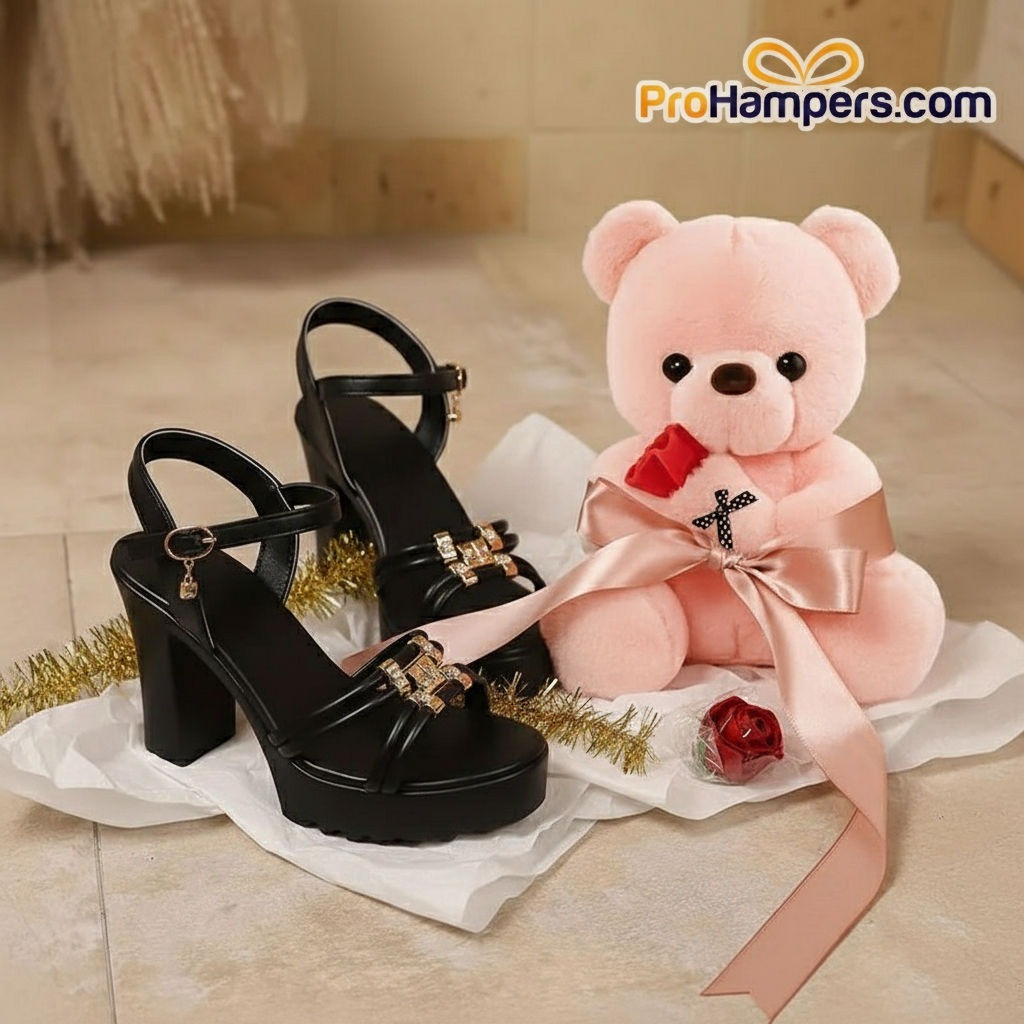 Women's High Heel Black and Teddy Bear - Rose